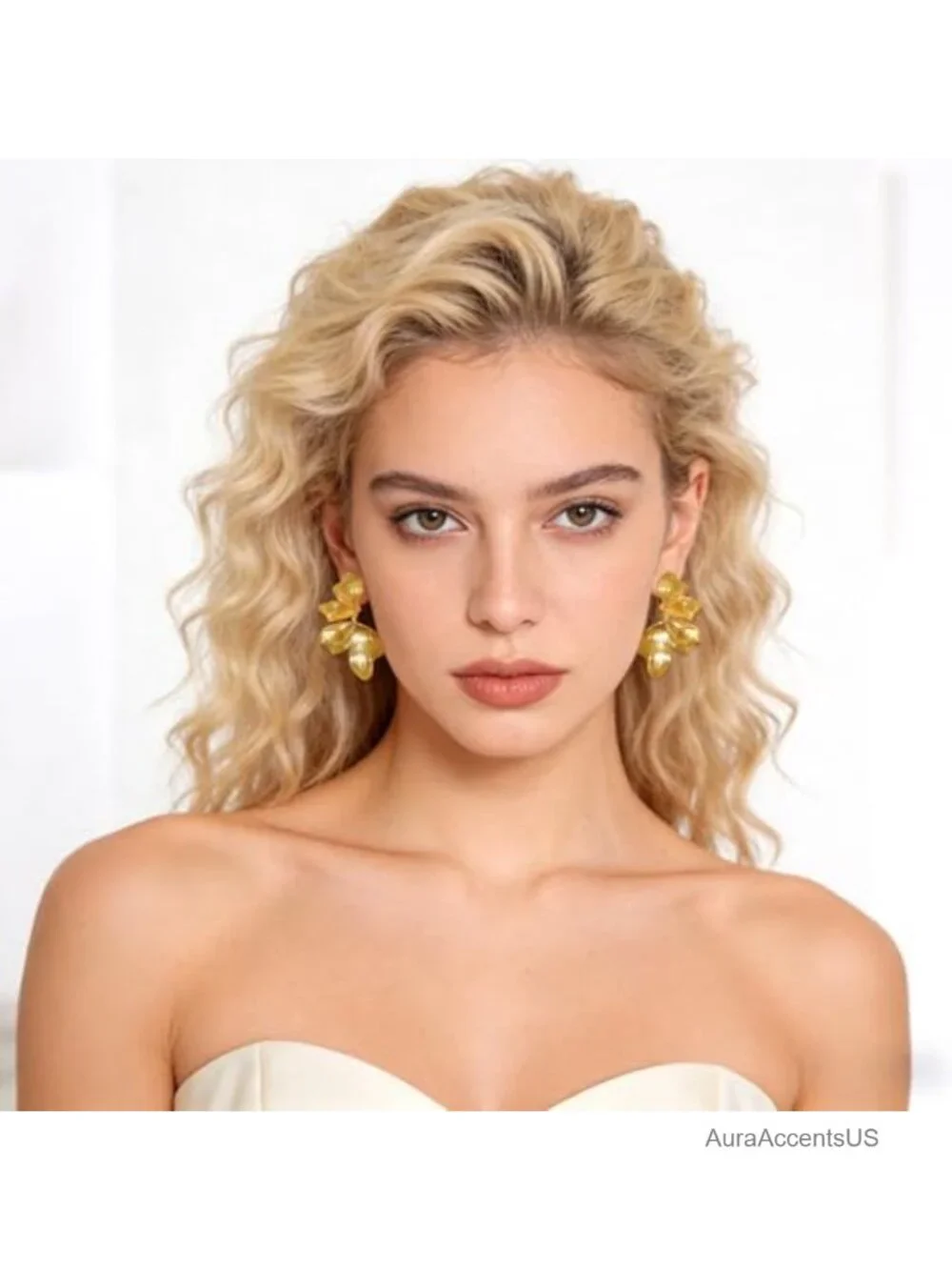 18K Gold Plated Textured Leaf Drop Earrings Statement Dangle Floral Petal
